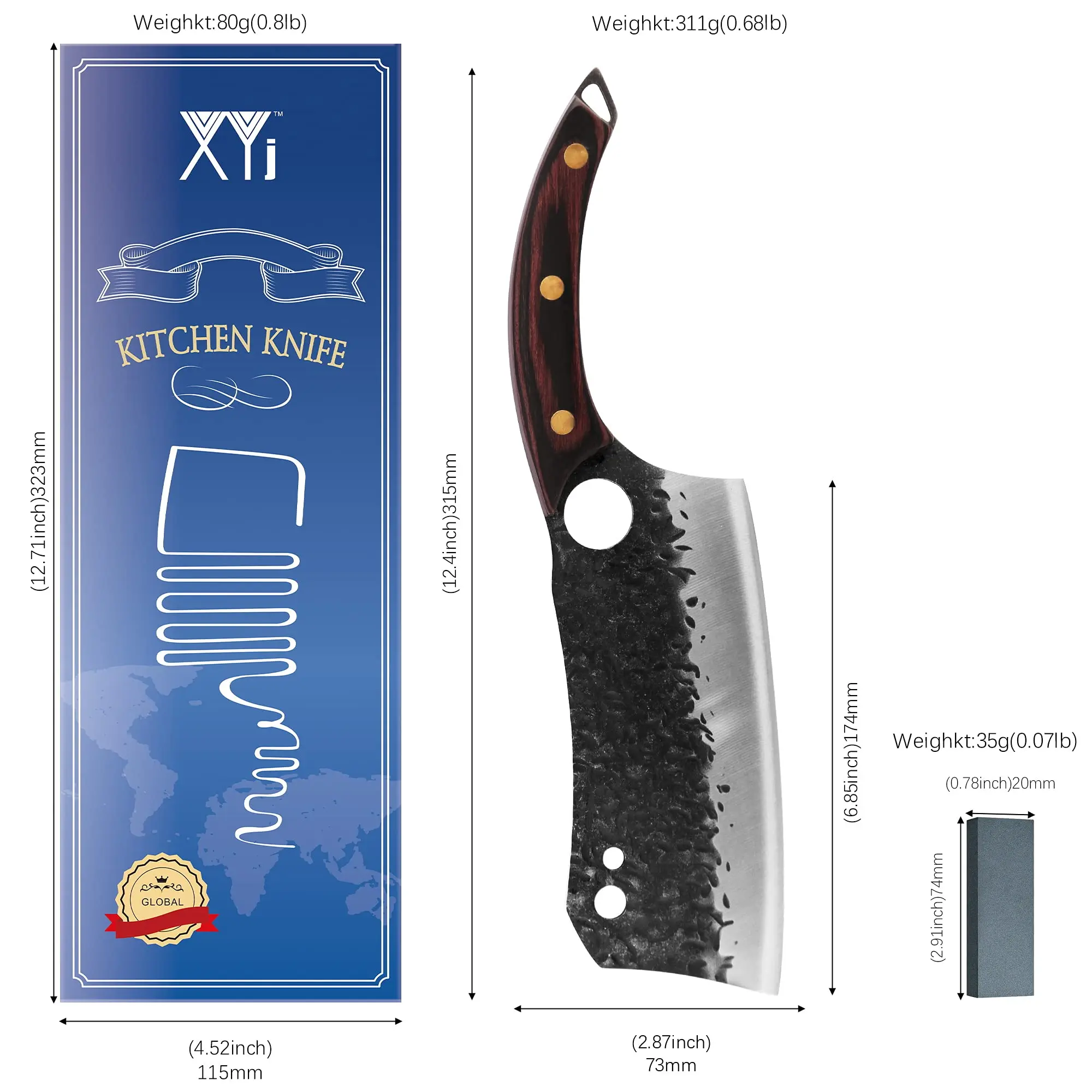 XYj Full Tang 7 Inch Cleaver Slicing Knives Stainless Steel Non-stick Sharp Blade Vegetable Cooking With Mini Whetstone | Дом и сад
