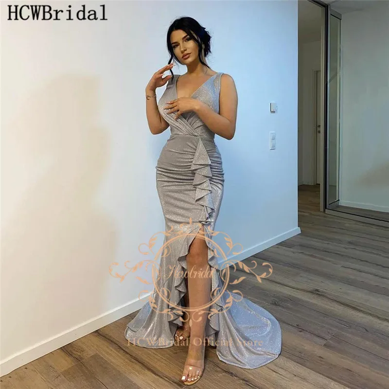 

Bling Grey Mermaid Formal Dress Evening V Neck Side Slit Long Charming Prom Party Gowns With Pleats Vestido De Festa