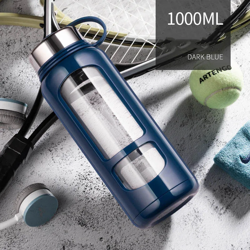 No words blue 1000ml JOUDOO 700 мл 1000 мл портативные стеклянные бутылки для воды открытая космическая бутылка Спортивная бутылка для воды герметичная велосипедная альпинистская Подарочная 35 - Цвет: No words blue 1000ml