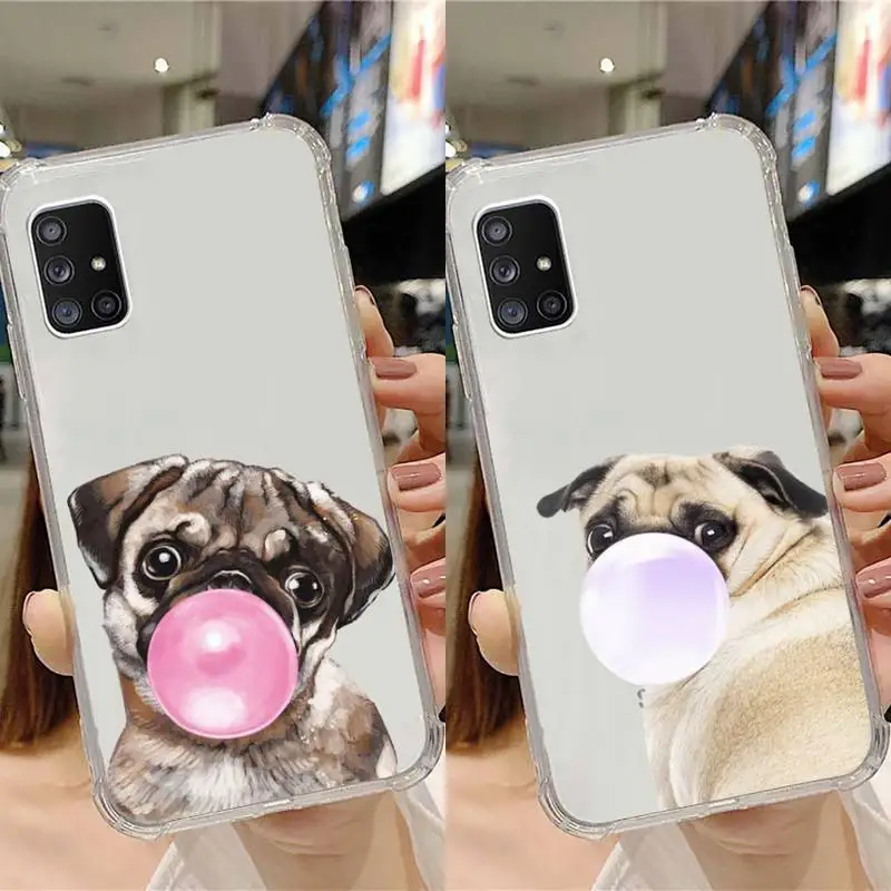 

Cute dog puppy Pug Bulldog blowing balloon Phone Case Transparent For Samsung Note A 10 20 50 51 71 90 20 11 81 e LITE Ultra PRO