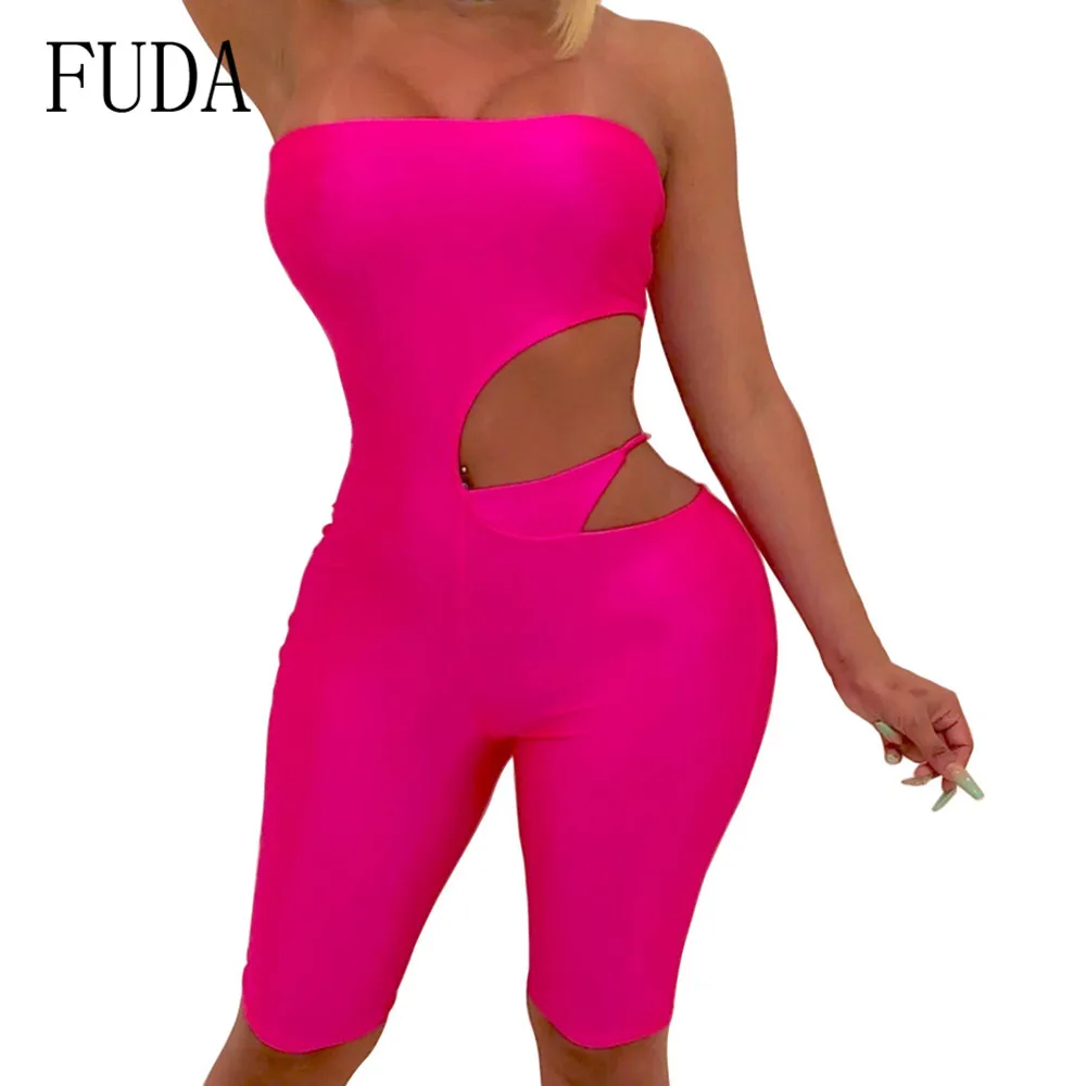 Rose Red FUDA-апом, просвечивающее сексуальное платье без бретелек без рукавов Комбинезоны Для женщин с открытыми плечами облегающее Бандажное отверстие комбинезоны Для летних вечеринок комбинезоны - Цвет: Rose Red