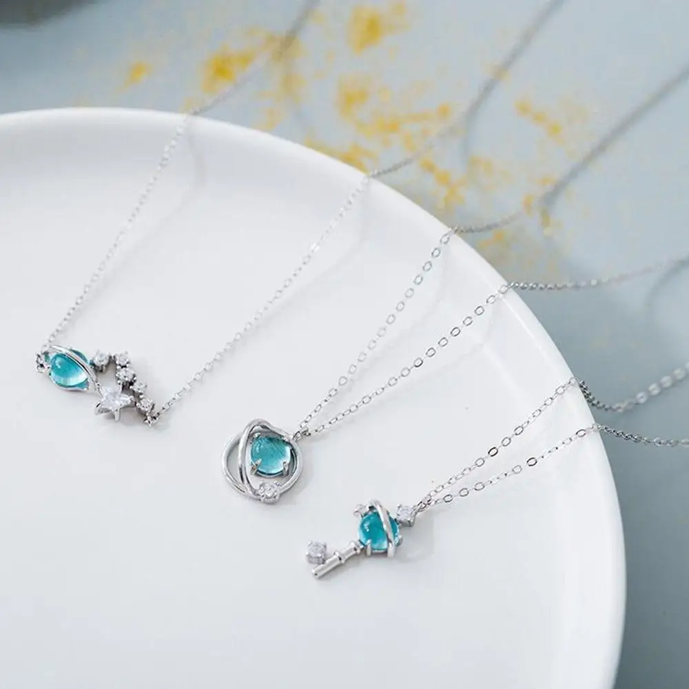 High quality silver plated universe planet pendant necklace magic star saturn blue crystal zircon Clavicle Chain Choker |