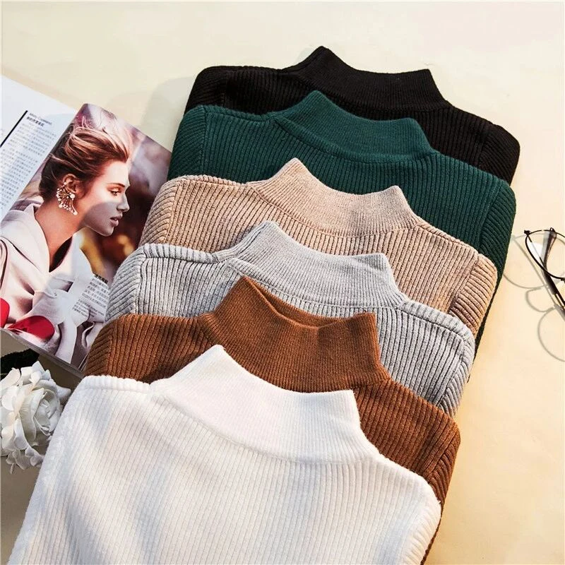 

2021 Autumn Winter Women Pullovers Sweater Knitted Elasticity Casual Jumper Fashion Slim Turtleneck Warm Female Sweaters