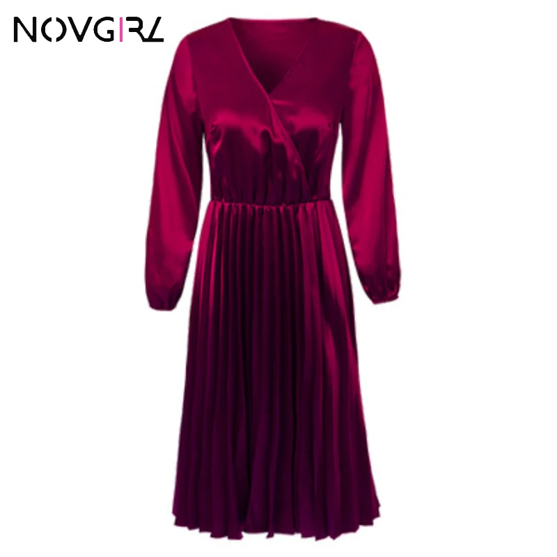 wine red Novgirl/элегантное облегающее и расклешенное Плиссированное сатиновое платье для женщин; коллекция года; сезон лето-осень; повседневное зеленое женское платье с открытыми плечами и длинными рукавами - Цвет: wine red