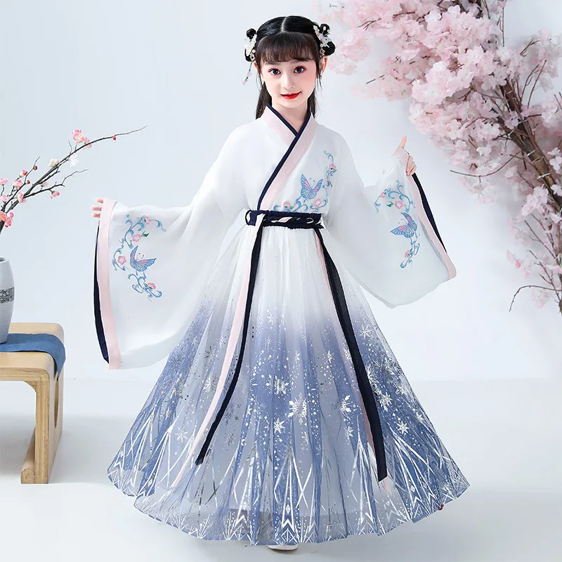 

Girl Tang Dynasty Chinese Style Princess Fairy Dress Kids Clothing Children Butterfly Embroidery Hanfu Show Elegant Costumes