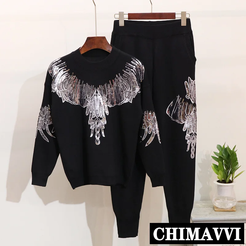 Женский джемпер с вышивкой и блестками трикотажный комплект из двух предметов