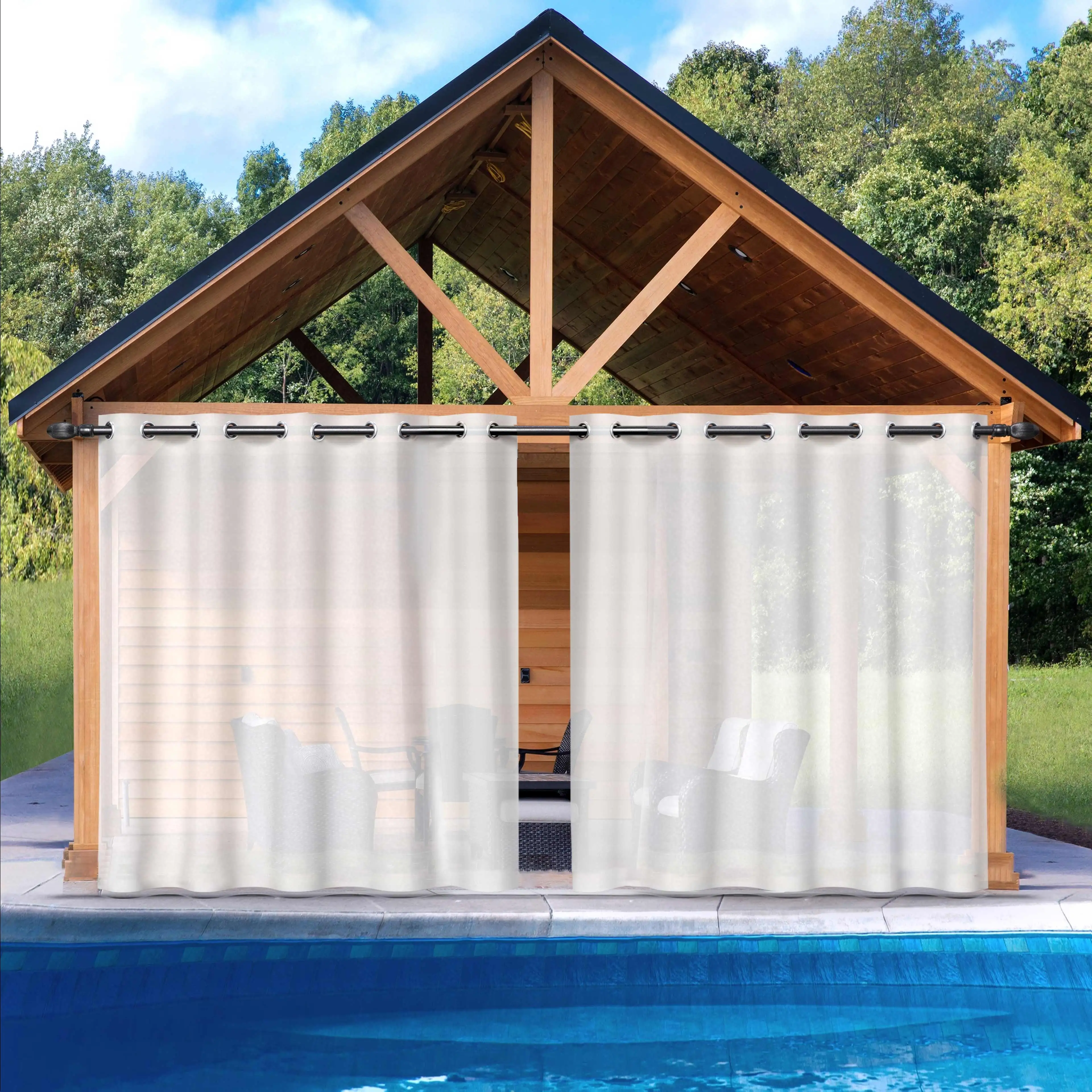Outdoor Sheer Curtains, Waterproof White Privacy drape for Cabana Patio Door Window Corridoe Sun Room Pool Hut Canopy Deck