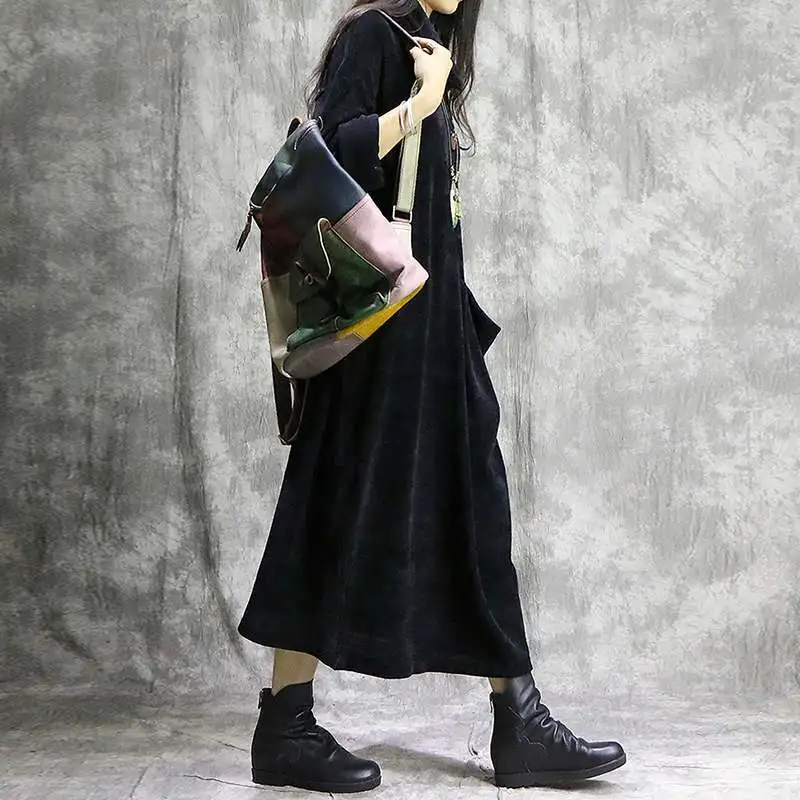 Женское вельветовое платье с длинным рукавом и воротником-хомутом | Женская