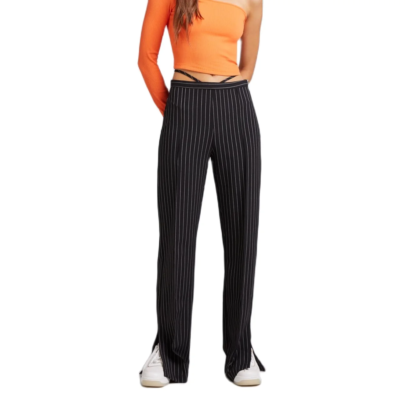 

JUNWU Spring Autumn Women Black Vertical Pinstripe Drape Straight Trousers Zipper Trousers Split Trousers Commuter High Street
