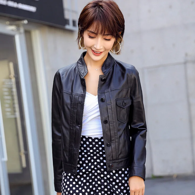 

ANYIN new spring and autumn leather leather women's sheepskin locomotive slim short leather jacket jacket black