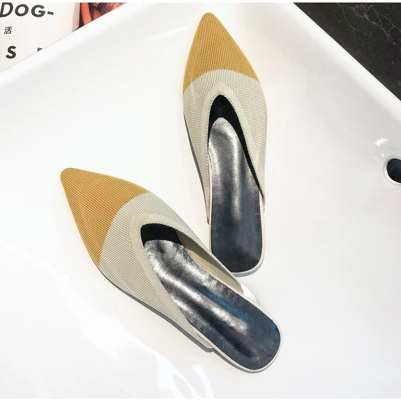 

Pointed Toe Autumn Women Mules Shoes 2021 Fashion Summer Slippers Knitted Office Ladies Slides Slip On Mix Color Female Footwear
