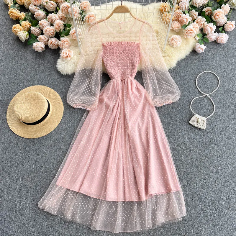 2021 Spring and Autumn New O- Collar Puff Sleeve Beach Midi Dress Women Elegant Sweet Slim PinkBlue Cupcake Dress New Mesh Dress