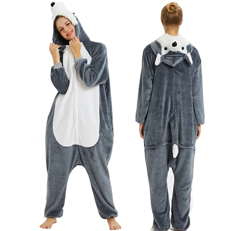 Wolf Рождество Пижамы Для Женщин Теплый Сгущает Зиму Пижамы Kigurumi Единорог Пижамы Синий Стежка Животных Симпатичные С Капюшоном Унисекс Взрослых Домашней Одежды - Цвет: Wolf
