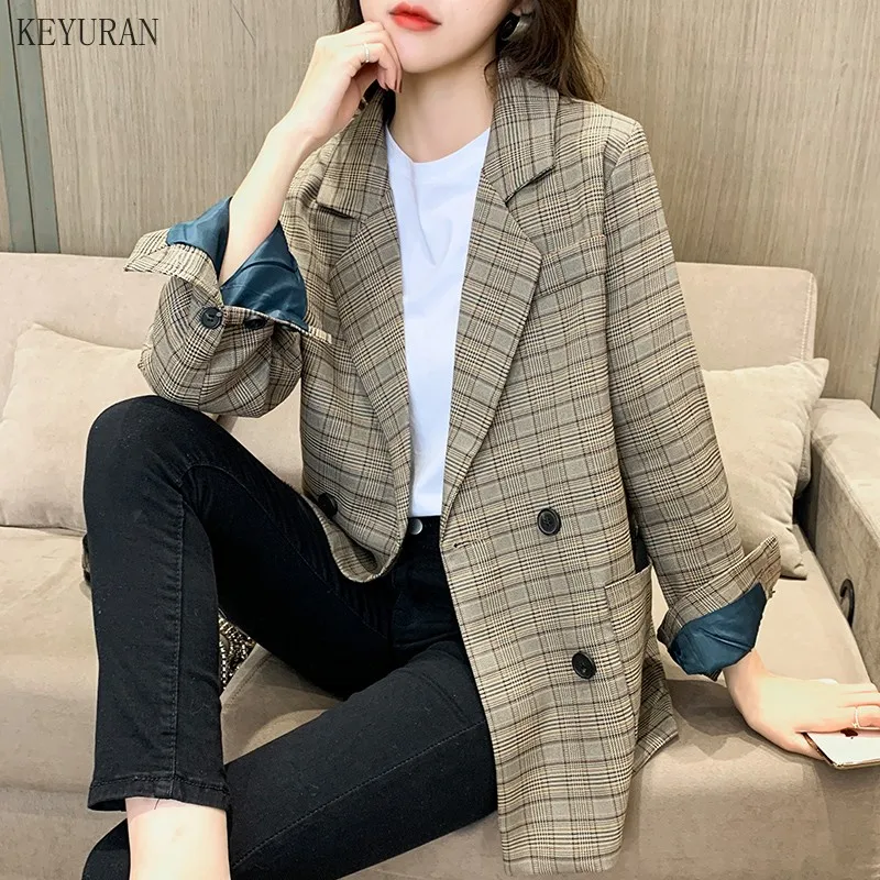

Vintage Double Breasted Plaid Women Blazer Pockets Jackets Female Retro Suits Coat Feminino blazers Outerwear high quality