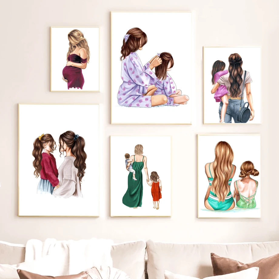 

Fashion Mother Little Girl Boy Figure Wall Art Canvas Painting Nordic Posters And Prints Wall Pictures For Living Room Decor