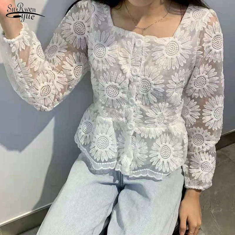 

Embroidery Flowers Lace Blouse Women French Square Collar Spring Slim Shirts Ladies 5 Color Elegant Sweet Top Blusas Mujer 15599