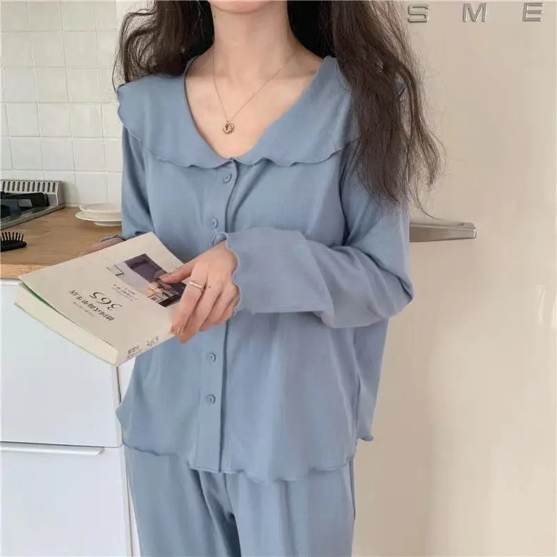 Pajamas Women's Spring Autumn Simple Long Sleeve Korean Leisure Home Wear Lady Nightgown Thin Female Sleepwear Set Sleeping Wear