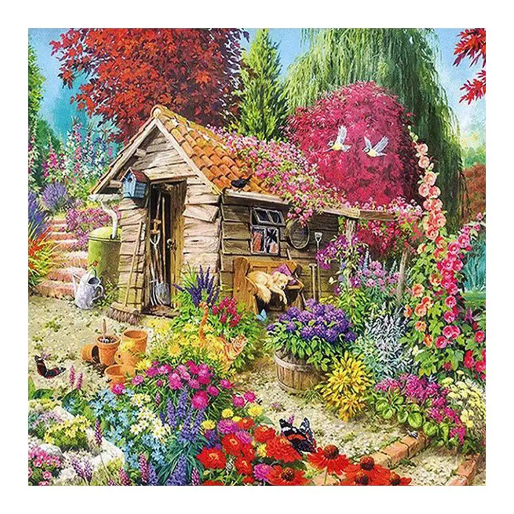 Сельский пейзаж картина выложенная алмазами садовый домик круглый полный дрель