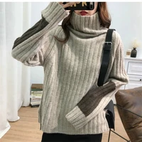 the new fashion color matching sleeves high neck pit sweater women autumn winter wear loose lazy thick split bottoming sweater
