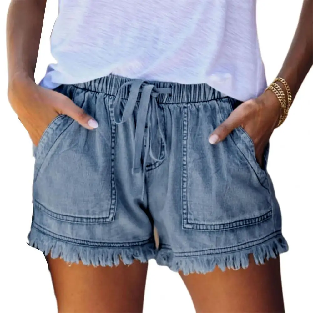 

Summer Women Denim Shorts Mid Rise Drawstring Elastic Waist Tassel Denim Shorts drawstring Pockets sports Casual Shorts 2021