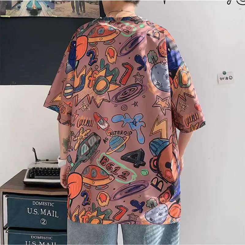 

T shirt Women Tide Ins Summer Hong Kong Style Tshirt Graffiti Printed Loose Casual Half Sleeved Korean Female Top Couple Clothes