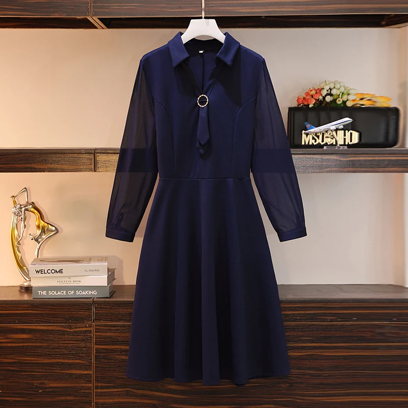 

plus size office ladies midi dresses autumn long sleeve double breasted elegant chiffon bow split long sleeve Spring dress 2021
