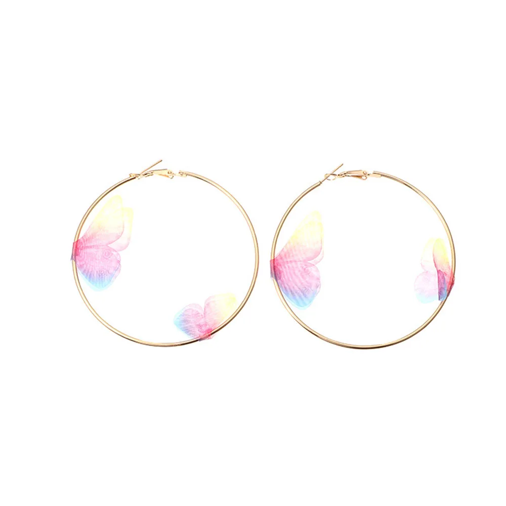 

1 Pair Fashion Unusual Earrings Girls Cute Multicolor Double Butterfly Big Round Circle Gold Hoop Earrings Jewelry For Women