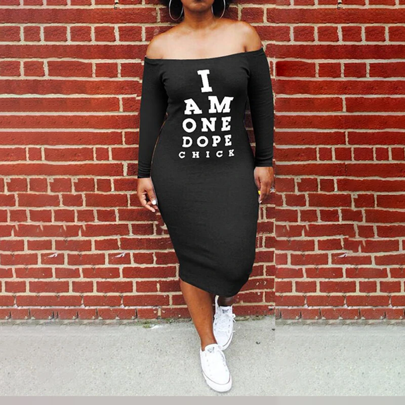 

Women Sexy Off Shoulder Casual Letter Print Long Sleeve Bodycon Dress Femme Plus Size S-3XL Party Dress Streetwear Robe SJ5248M