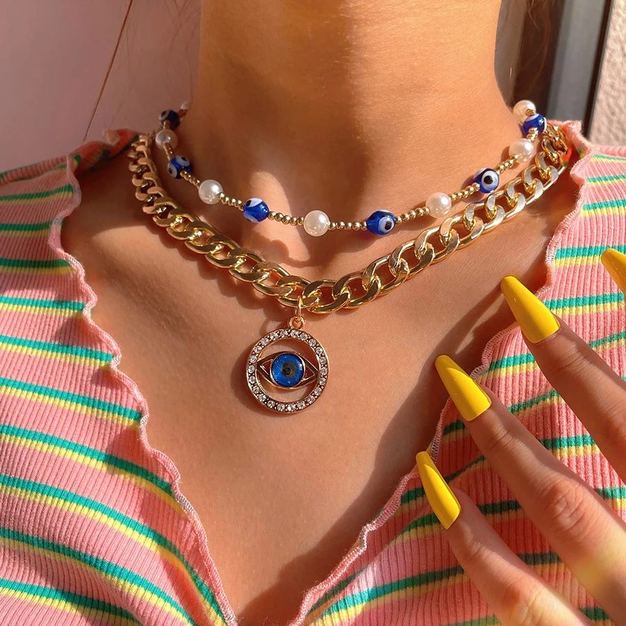 

Flatfoosie Punk Crystal Evil Eyes Pendant Metal Necklace For Women Multi-layer Eyes Pearl Beads Chain Necklace Fashion Jewelry