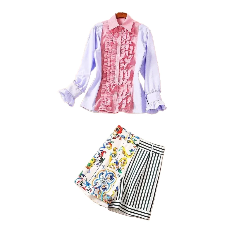 Fashion 2 pieces Runway Spring Autumn Women Long Striped Contrast Color Ruffles Blouse+Porcelain Shorts Sets
