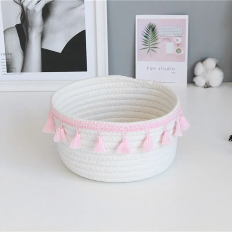 Pink Хлопковые корзины для хранения веревки с кисточкой ручной работы Тканые корзины для стирки грязной одежды детские игрушки настольные Предметы Органайзер корзина - Цвет: Pink