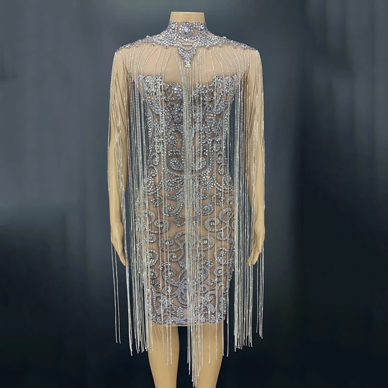 

Silver Crystals Fringed Dress Birthday Evening Celebrate Tassle Costume Dancer Stretch Dance Singer Performance Costume DN10739