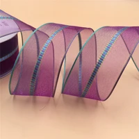 38mm wire edge purple organza ribbon with tartan in middle for birthday decoration chirstmas gift diy wrapping 25yards