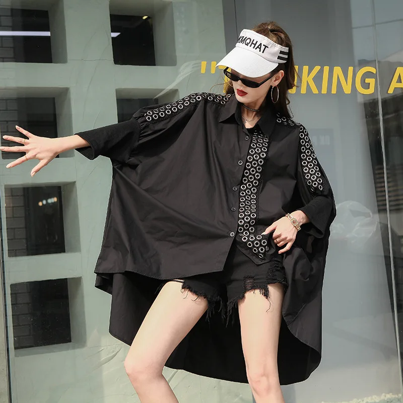 

Black Shirts For Women Lapel Batwing Long Sleeve Patchwork Sequined Designer Streetwear Blouses Female 2021 New Clothes