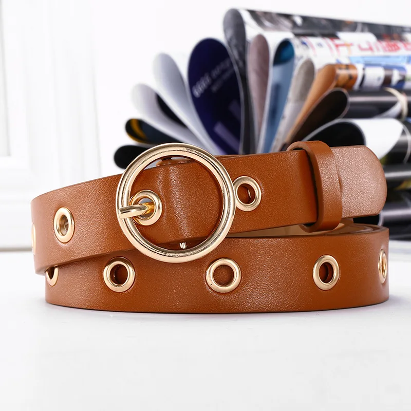 

Round Metal Pin Buckle Circle Belts Hollow Out Women Leather Belt Hot Brand Fashion Punk O Ring For Women Belt