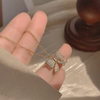 2021 new bowknot titanium steel gold plated pendant with bling zircon stone long chain necklace for women girls fashion jewelry