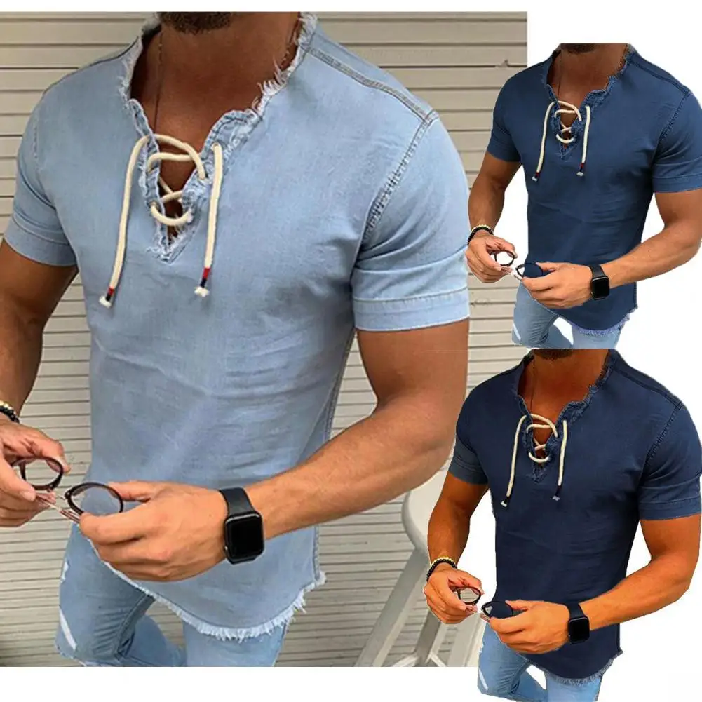 

Men T-shirt V Neck Lace-up Summer Solid Color Short Sleeve Top for Daring