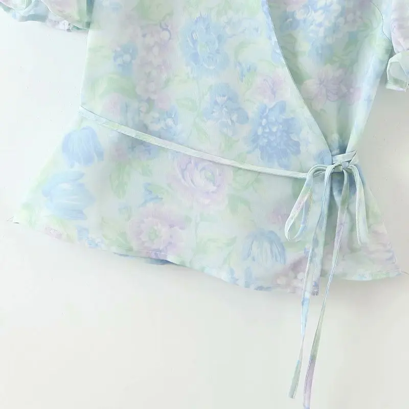 

Vintage Women Tops and Blouses Women Floral Print Chic Streetwear Short Sleeve V-neck Sashes Shirt Summer Tops Femme Vestidos