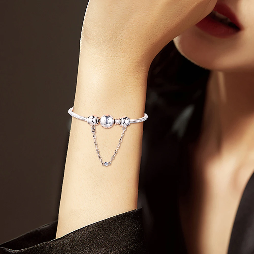 

Charms 925 Silver Original Fit Pandora Bracelets Sterling Embossed Hearts Safety Chain Charm Beads for Women diy Jewelry Making