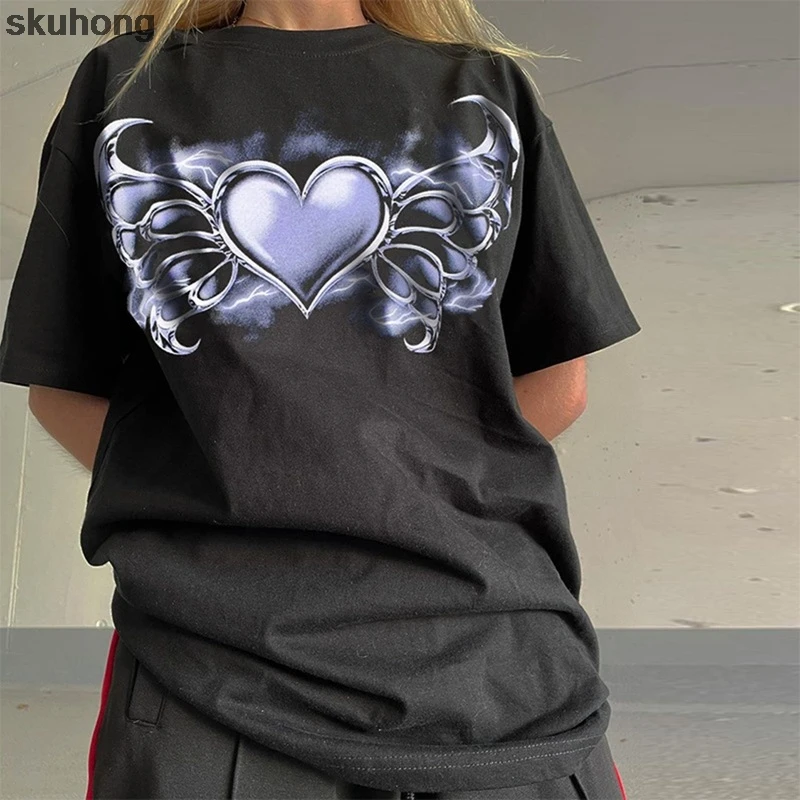 

Casual Heart Print T Shirt Oversize Women Harajuku Short Sleeve Cotton Tshirt Women Summer Black Tees Tops Shirt