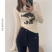 yedinas casual slim t shirt for women o neck long sleeve sexy crop top grunge letters print female korean fashion clothing 2021