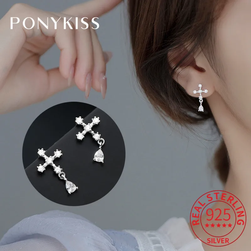 

PONYKISS Trendy 925 Sterling Silver Cross Drop water Zircon Stud Earrings for Women Party Fine Jewelry Minimlist Accessory