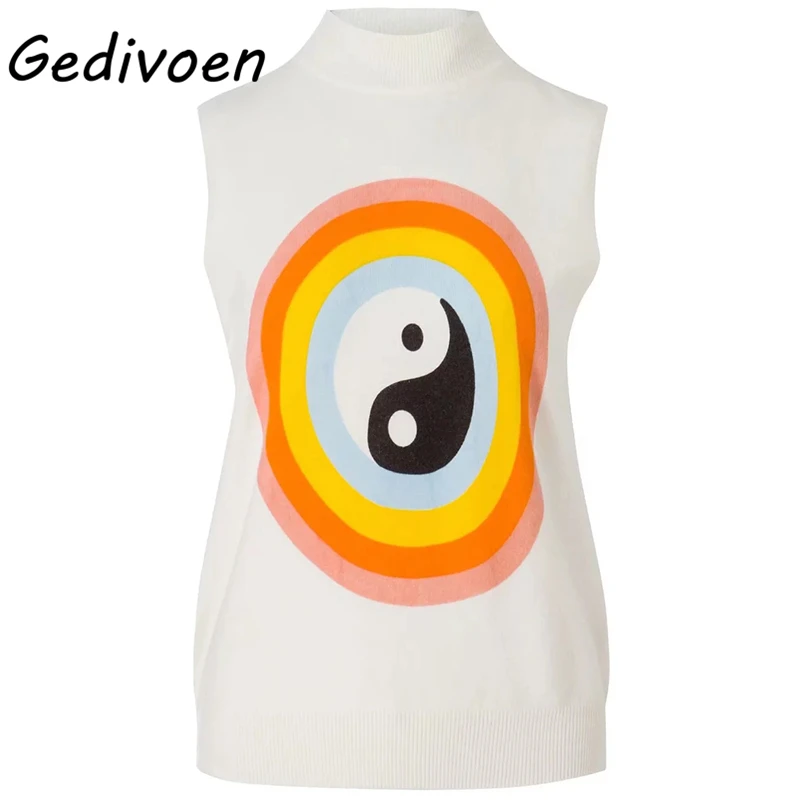 

Gedivoen 2022 Spring Summer New Runway Knitting Sweaters Women's Fashion Tai Chi Bagua Diagram Print Sleeveless Vest Tops