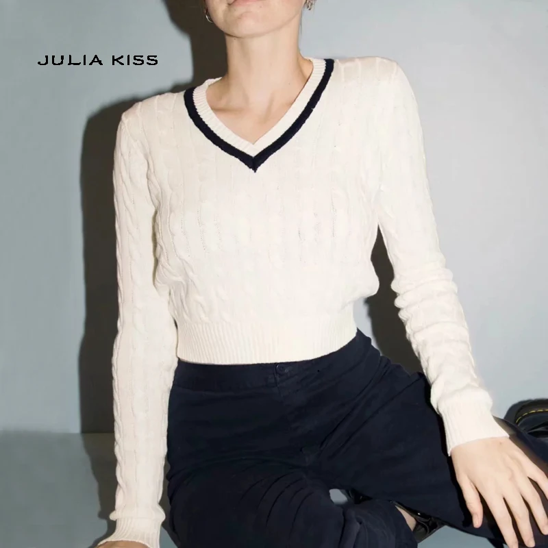 Женский Трикотажный Хлопковый полосатый свитер с v-образным вырезом трикотажный