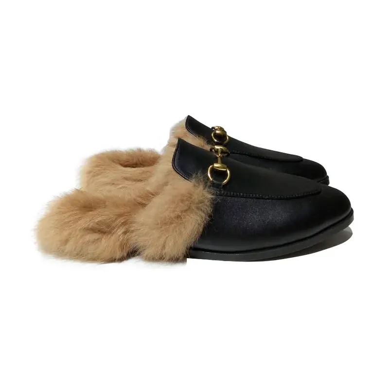 

Mueller shoes leather metal buckle flat shoes embroidered plush women's shoes fashion comfortable warm slippers custom logo