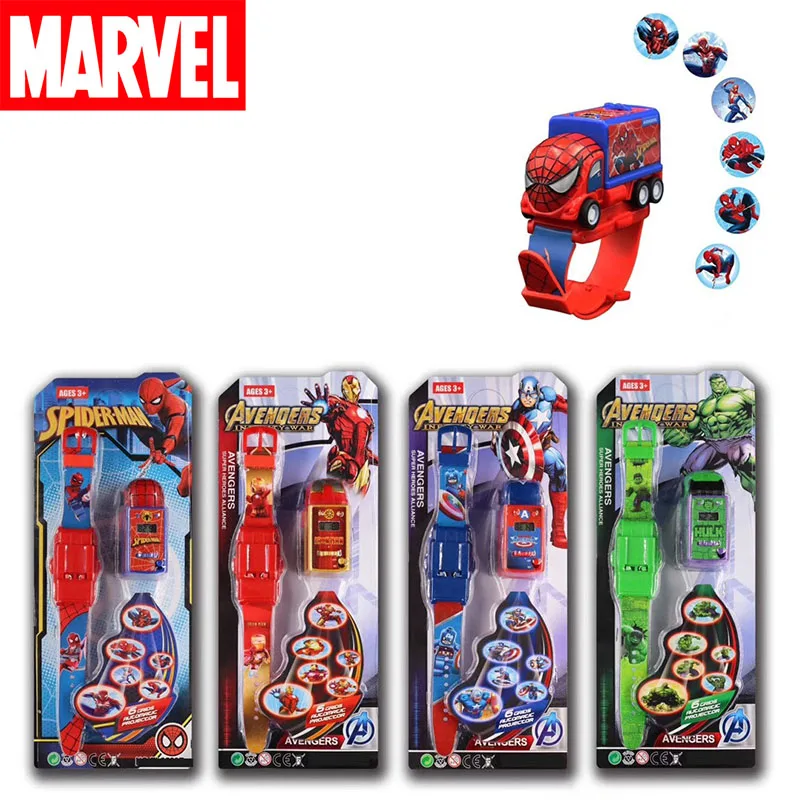 

New Marvel Pull Back Car Projection Toy Electronic Watch 2 In 1 Cartoon Disney Anime Figure Spiderman Ironman Hulk Captain Watch