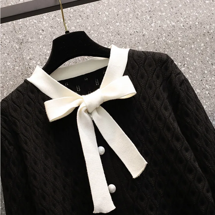 

L-4XL Women Cardigan Sweater Autumn New Designer Sweet Bow Knitwear Tops Female Fashion Ladies Single Breasted Knitted Cardigan