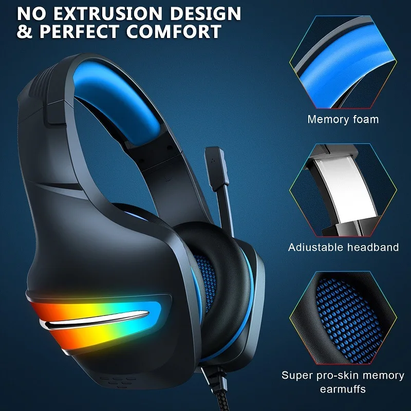 

Head-mounted Wired Computer Headset Wire-controlled Luminous RGB Gaming Headset 3.5mm+USB Surround Sound Noise Reduction