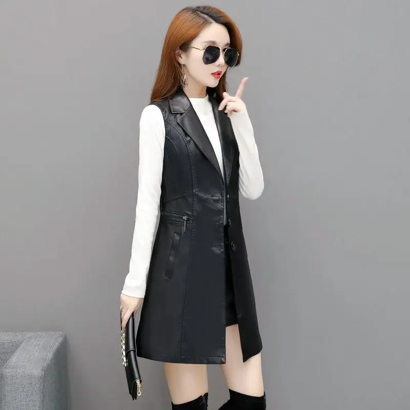 Черный кожаный жилет без рукавов женский длинный секционный 2020 Весна Осень