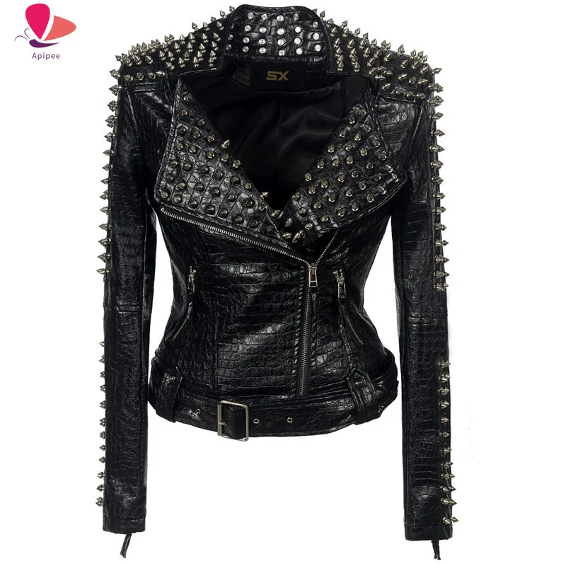 

SX Occident Fashion Women Club Hot Style Stud Slim Fit Jacket Shoulder Rivets Zip Stitching Short PU Leather Rock Coat